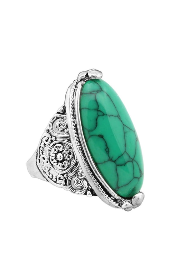 Women Boho Knuckle Rings Vintage Oval Turquoise Antique Silver Plated Carving Ring Jewelry Exquisite Finger Rings Jewelry for Party Banquet