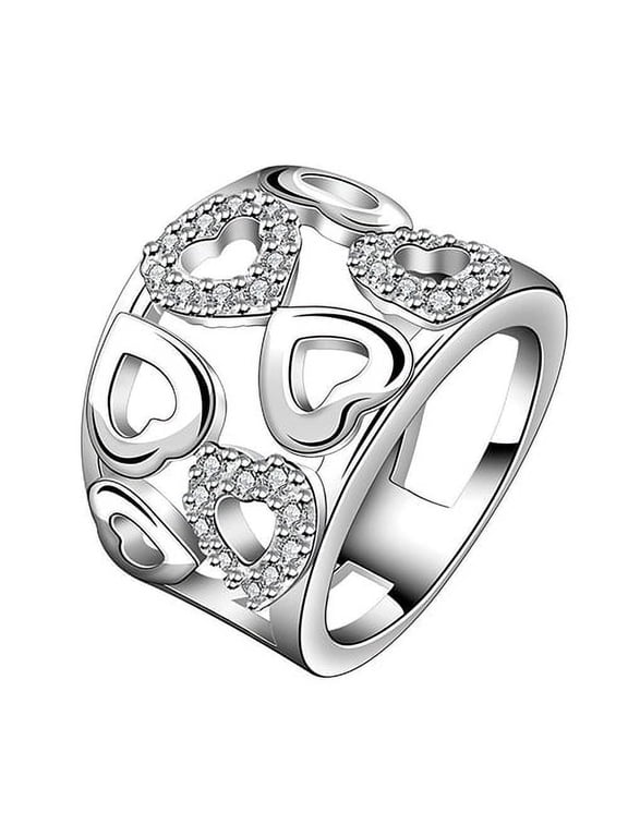 Women Finger Band Ring Glitter 925 Sterling Silver Plated Rhinestone Wide Band Cluster Hollow Heart Ring for Party Banquet