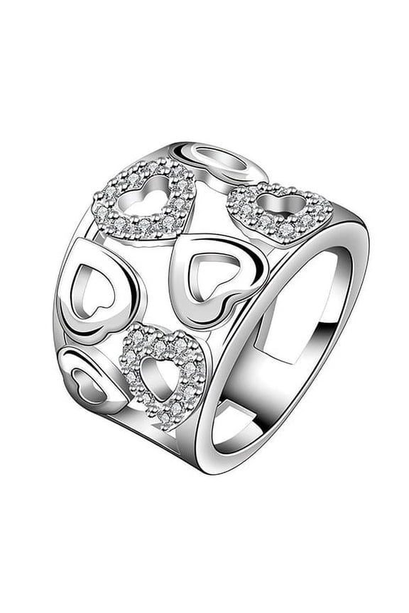 Women Finger Band Ring Glitter 925 Sterling Silver Plated Rhinestone Wide Band Cluster Hollow Heart Ring for Party Banquet