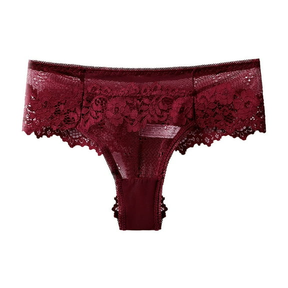 Opolski Women Lace Panties Sexy See-through Underwear Women Panties See-through Hollow Out Lace Solid Color Low Waist Soft Breathable Anti-septic Elastic Lady Wine Red