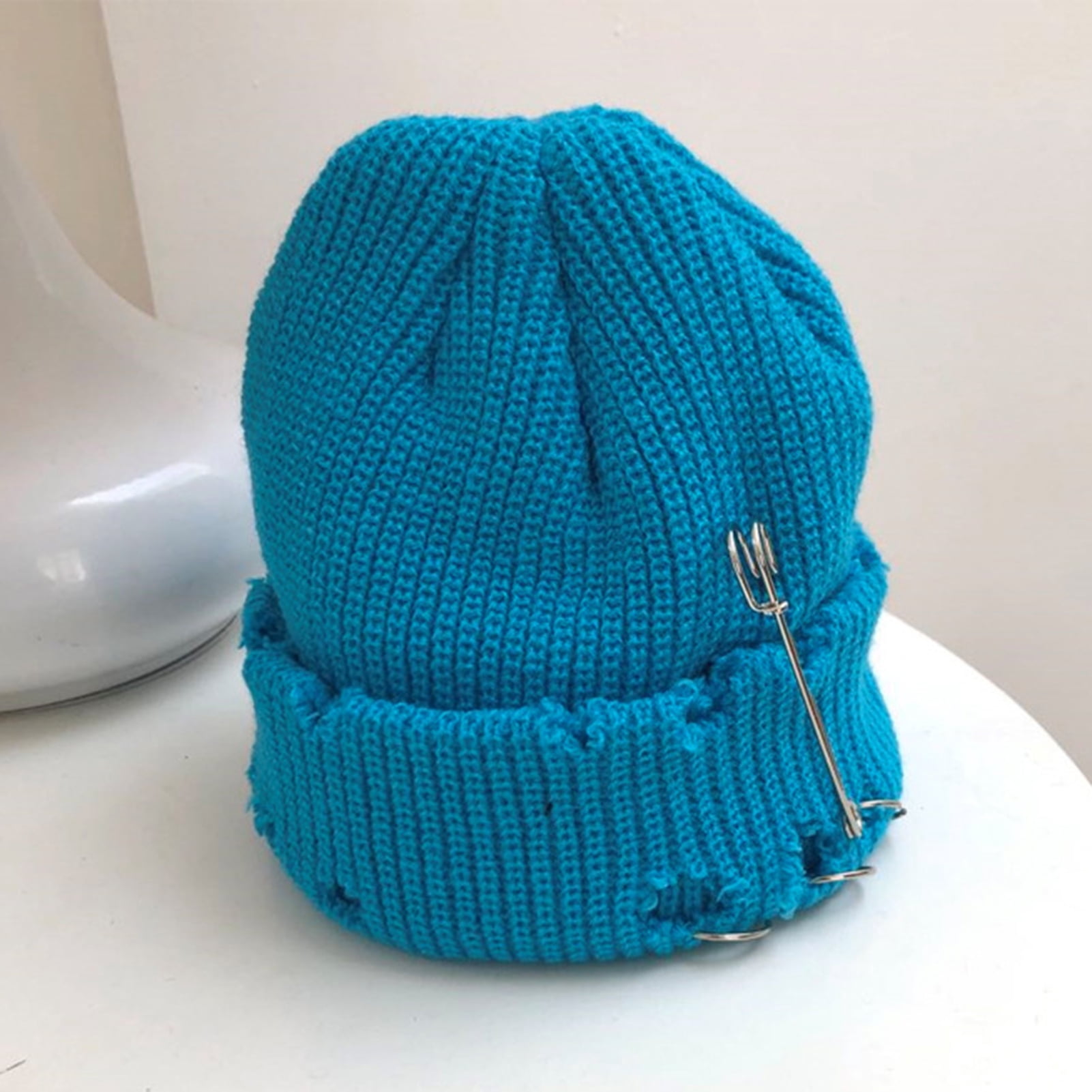 Opolski Women Men Bonnet Stretch Brimless Solid Color Knitted Unisex Keep Warm Metal Ring Decor Hip Hop Ripped Men Winter Hat for Daily Wear Yellow