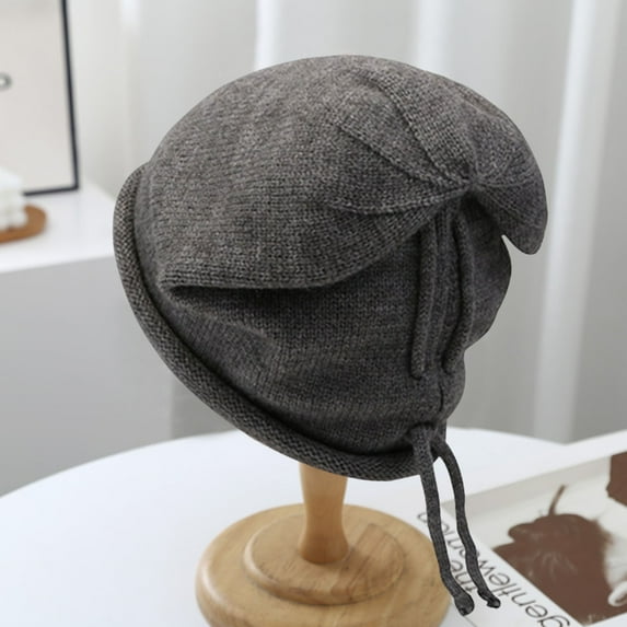 Opolski Women Men Hat Knitting Drawstring Solid Color Soft Piled Decorative Head Protection Elastic Unisex Skull Beanies for Daily Wear Black