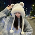 thumbnail image 1 of Opolski Women Plush Hat with Cute Bear Ears Soft Fuzzy Warm Thick Lace up Windproof Strap Autumn Winter Outdoor Cycling Girls Ear Cap Gift Choice Beige, 1 of 7
