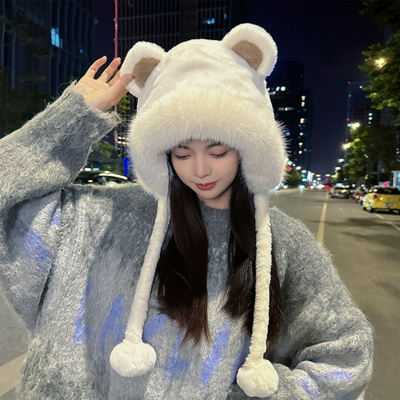 Opolski Women Plush Hat with Cute Bear Ears Soft Fuzzy Warm Thick Lace up Windproof Strap Autumn Winter Outdoor Cycling Girls Ear Cap Gift Choice Beige
