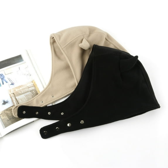 Opolski Women Winter Hat Devil Ear Decor Adjustable Solid Color Plush Soft Keep Warm Casual Button Women Beanie Hat Female Headdress Coffee