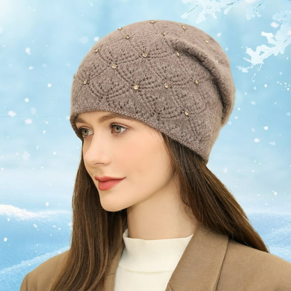 Opolski Women Winter Hat Slounchy Solid Color High Elasticity Ear Knitted Warm Decorative Anti shrink Casual Women Beanie for Holiday Khaki
