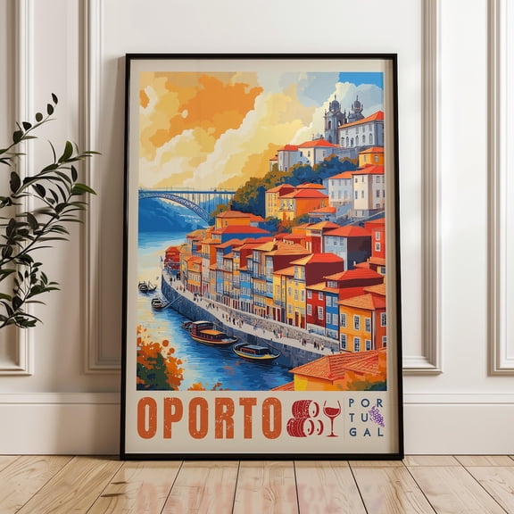 Oporto Portugal Print, Colorful Riverfront Wall Art, Vintage Travel Print, Porto City Decor, Unframed Canvas 12x16in