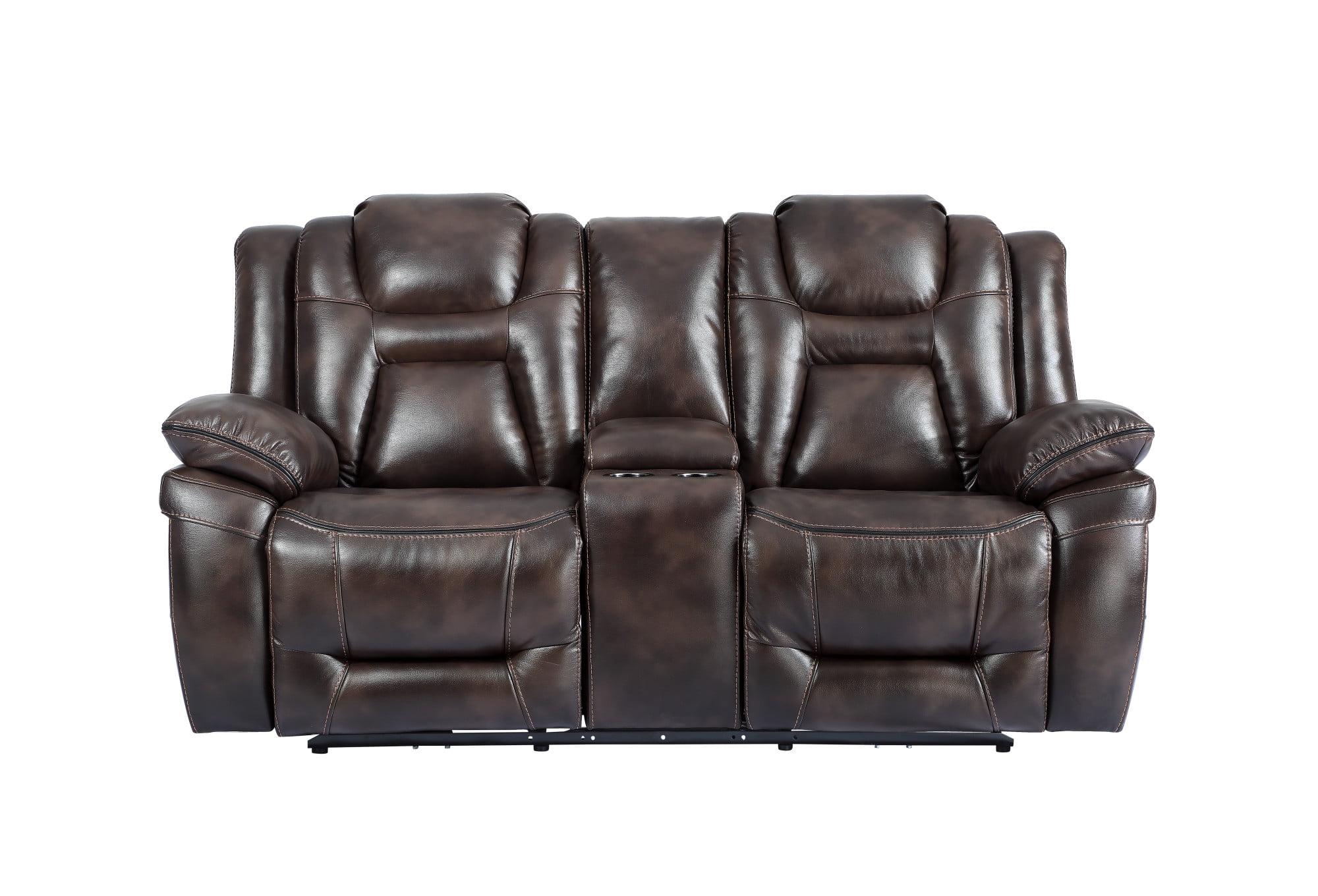 Brown Faux Leather Flared Arm Loveseat with Cup Holder