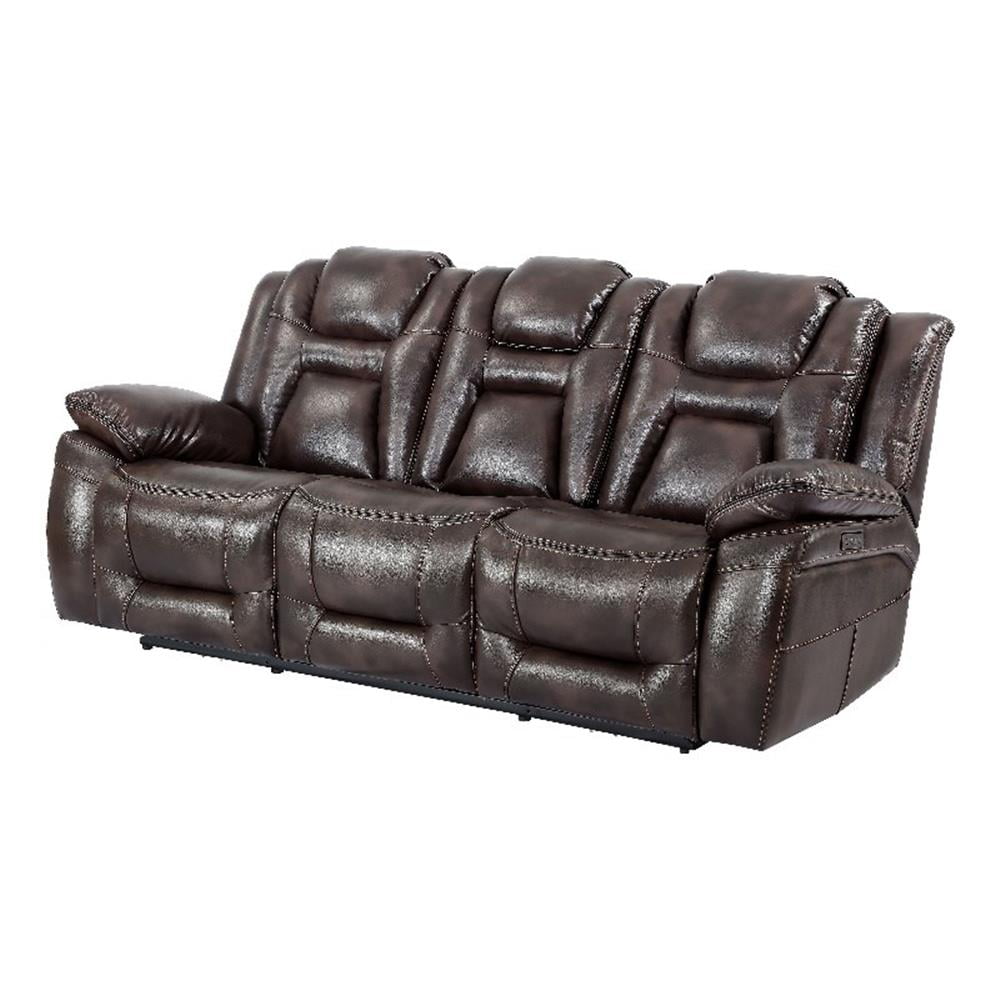 Oportuna Brown Faux Leather Power Reclining Sofa with Cup Holders