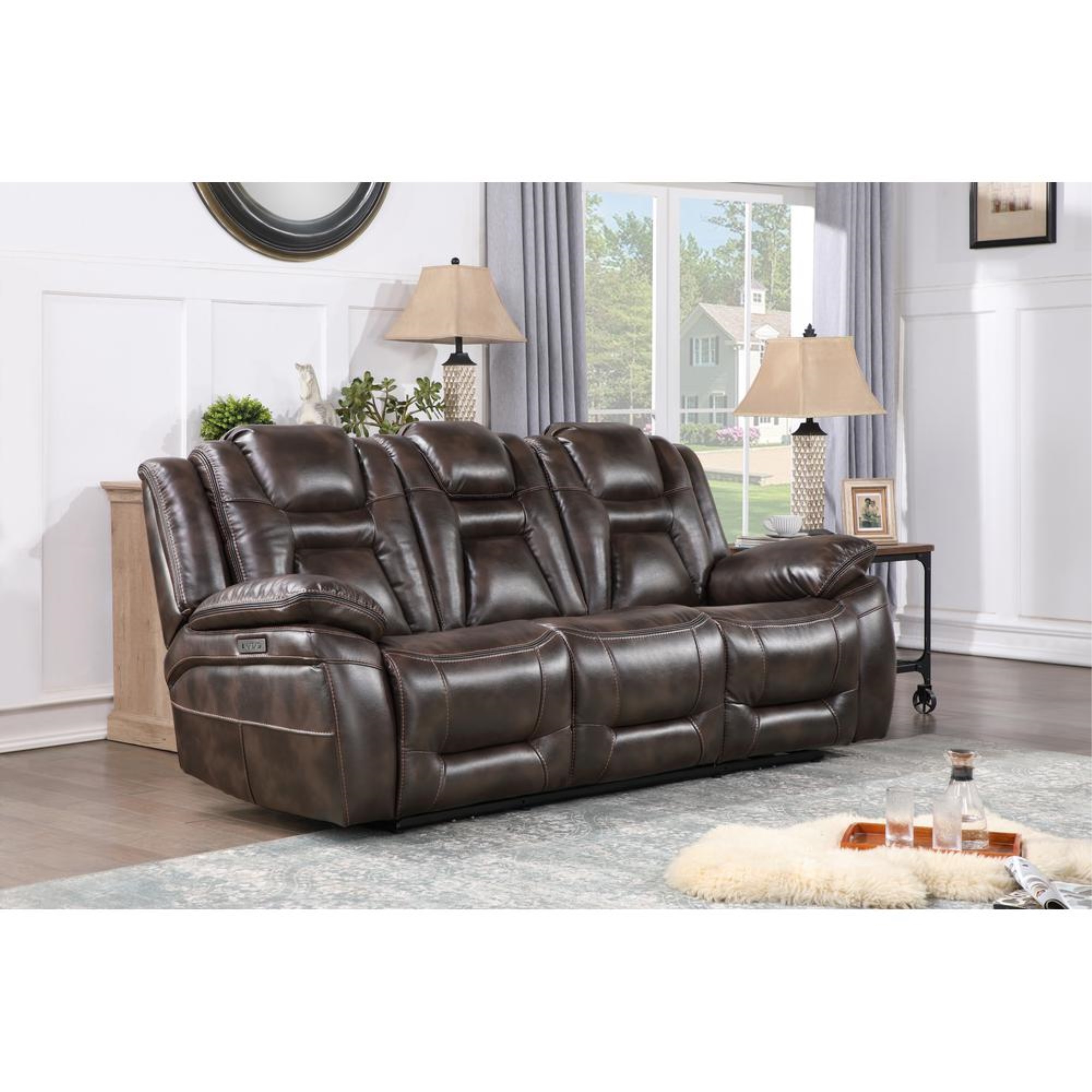 Oportuna Brown Faux Leather Power Reclining Sofa with Cup Holders