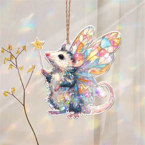 Opossum Fairy Hologram 2D Acrylic Ornament - Iridescent Flat Woodland Decor - Cute Animal Lover Gift