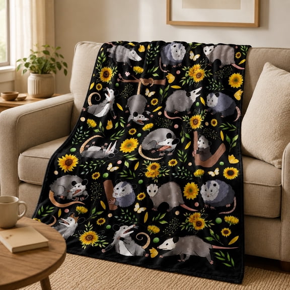 Opossum Possum Floral Fleece Throw Blanket, Soft 280 Gsm Polyester, Animal Lover Decor for Couch, Sofa & Bed