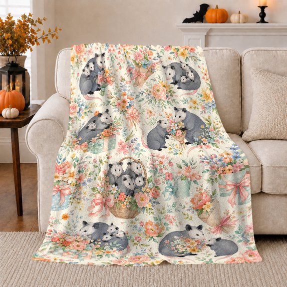 Opossum Groups With Garden Bouquets, Detailed Garden Animal Watercolor for Opossum Art Enthusiasts, Mother's Day Gift, Cozy Flannel Blanket with Home Decor for Living Room and Bedroom