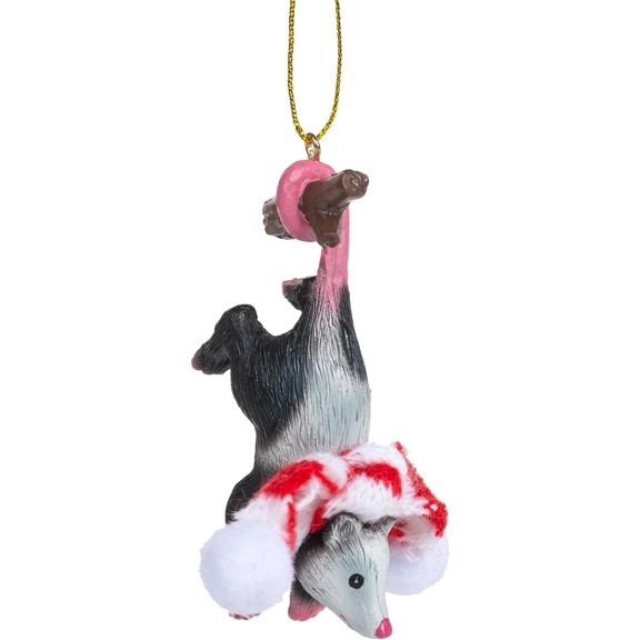Opossum Hanging Upside Down with Candy Cane Scarf Possum Christmas Tree Ornament