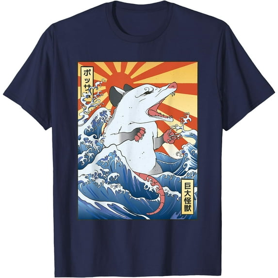 Opossum Japanese Wave Funny Vintage Possum Lover Unisex T-Shirt for Men Women Kids Toddler,Navy Color,Size 5XL