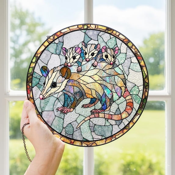 Opossum Mom Glass Suncatcher, Whimsical Mom Window Decor, Family Art, 7.9 in
