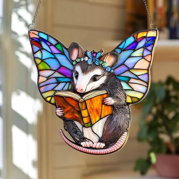 Opossum Reading Acrylic Suncatcher, Book Lover Window Hanging, Possum Lover Gift