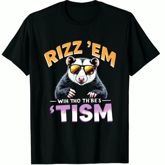 Opossum Rizz Em with Tism Autism Funny Possum Meme Graphic Black T-Shirt for Men and Women