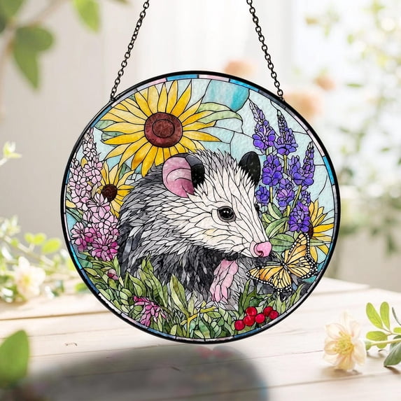 Opossum and Wildflowers Glass Suncatcher, Opossum Window Hanging, Rustic Home Decor, 3.5 in