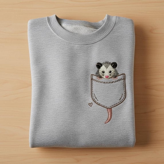 Opossum in Simulation Pocket Embroidered Sweatshirt, Cute Possum T-shirt, Funny Animal Lover Gift, Wildlife Embroidery Hoodie