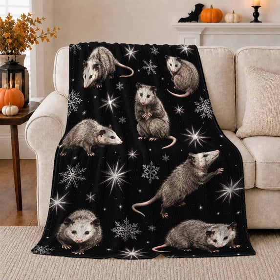Opossums among Stars and Snowflakes, Whimsical Wildlife Style for Opossum Lovers, Nocturnal Animal Pattern and Birthday Gift, Cozy Flannel Blanket for Cabin and Bedroom, Home Decor
