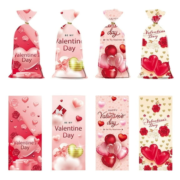 Opp Valentine's Day Flat Candy Packaging Bag Transparent Love Rose Printed Bag, 50/100Pcs With 50/100Pcs Ties, Assorted Heart & Rose Patterns For Diy Gifts & Party Favors