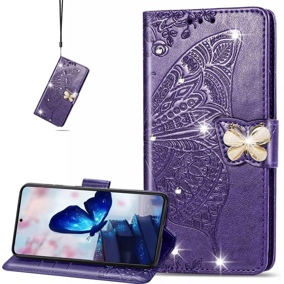 for Oppo A17 Wallet Case for Women Girls, Shiny Butterfly Flower PU Leather Cover with Card Slot Holder Flip Phone Case for Oppo A17 Rhinestone Deep Purple