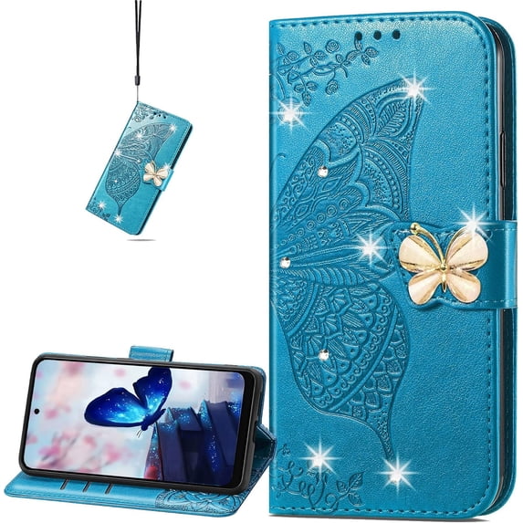 for Oppo Find X6 Wallet Case for Women Girls, Shiny Butterfly Flower PU Leather Cover with Card Slot Holder Flip Phone Case for Oppo Find X6 Rhinestone Blue