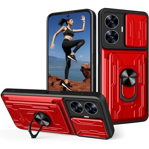 for Oppo Realme C55 4G Case with Slide Camera Cover, Heavy Duty Protective with Ring Kickstand & Card Holder Cell Phone Case for Oppo Realme C55 4G /narzo N55 LJK Red