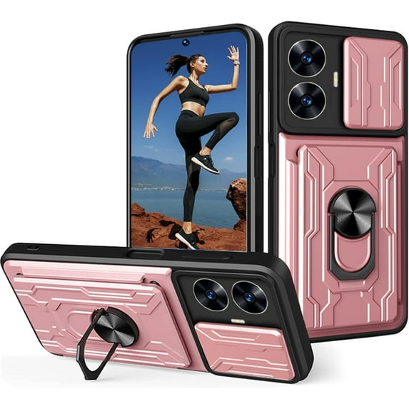 for Oppo Realme C55 4G Case with Slide Camera Cover, Heavy Duty Protective with Ring Kickstand & Card Holder Cell Phone Case for Oppo Realme C55 4G /narzo N55 LJK Rose Gold