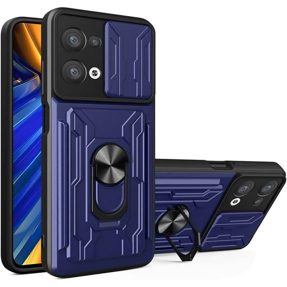 for Oppo Reno 8 Case Sliding Window Case with Card Holders, Cover with Slide Camera Protection Built-in Magnetic Kickstand Case for Oppo Reno 8 5G LJK Blue