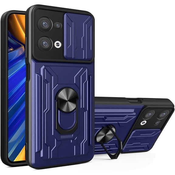 for Oppo Reno 8 Pro Case Sliding Window Case with Card Holders, Cover with Slide Camera Protection Built-in Magnetic Kickstand Case for Oppo Reno 8 Pro 5G LJK Blue