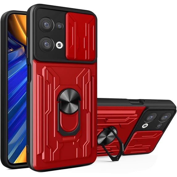 for Oppo Reno 8 Pro Case Sliding Window Case with Card Holders, Cover with Slide Camera Protection Built-in Magnetic Kickstand Case for Oppo Reno 8 Pro 5G LJK Red