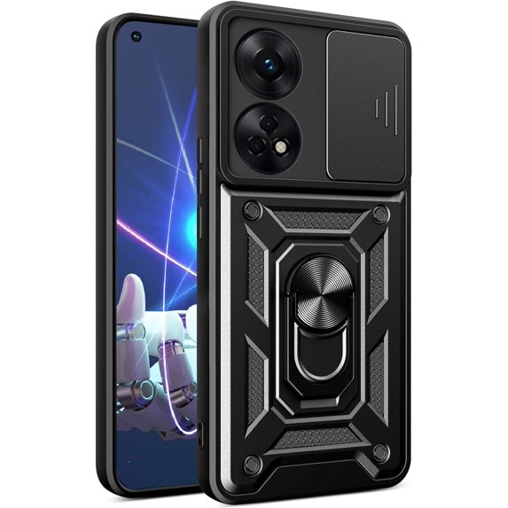 for Oppo Reno8 T 4G (Not 5G) Case with Slide Camera Cover, Military Grade Drop Protective Phone Cover Case with Ring Kickstand for Oppo Reno 8T 4G SJ Black