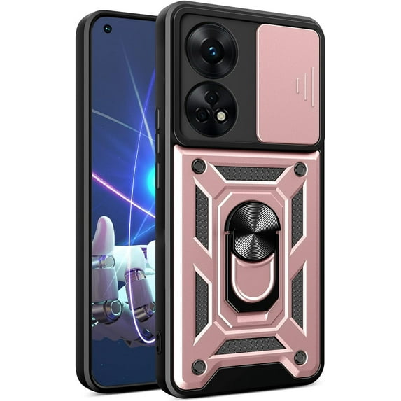 for Oppo Reno8 T 4G (Not 5G) Case with Slide Camera Cover, Military Grade Drop Protective Phone Cover Case with Ring Kickstand for Oppo Reno 8T 4G SJ Rose Gold