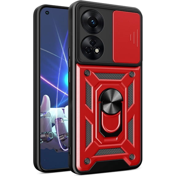for Oppo Reno8 T 4G (Not 5G) Case with Slide Camera Cover, Military Grade Drop Protective Phone Cover Case with Ring Kickstand for Oppo Reno 8T 4G SJ Red