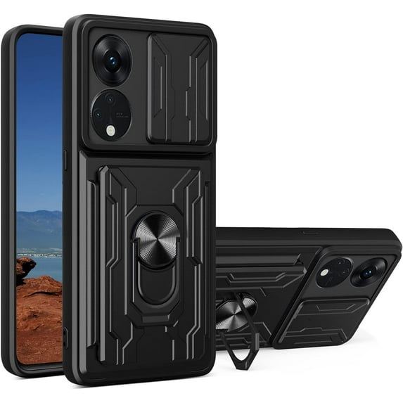 for Oppo Reno8 T 5G Case with Slide Camera Cover, Heavy Duty Protective with Ring Kickstand & Card Holder Cell Phone Case for Oppo Reno8 T 5G LJK Black