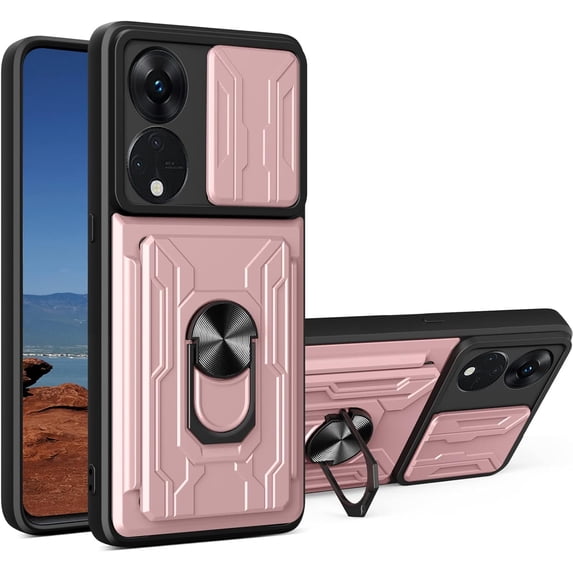 for Oppo Reno8 T 5G Case with Slide Camera Cover, Heavy Duty Protective with Ring Kickstand & Card Holder Cell Phone Case for Oppo Reno8 T 5G LJK Rose Gold