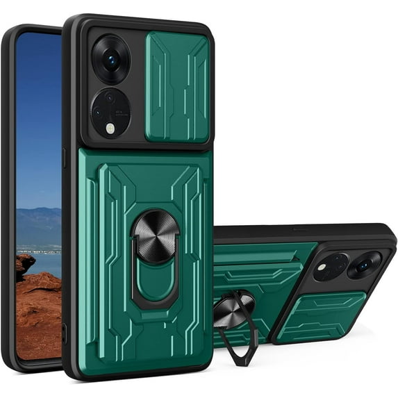 for Oppo Reno8 T 5G Case with Slide Camera Cover, Heavy Duty Protective with Ring Kickstand & Card Holder Cell Phone Case for Oppo Reno8 T 5G LJK Green