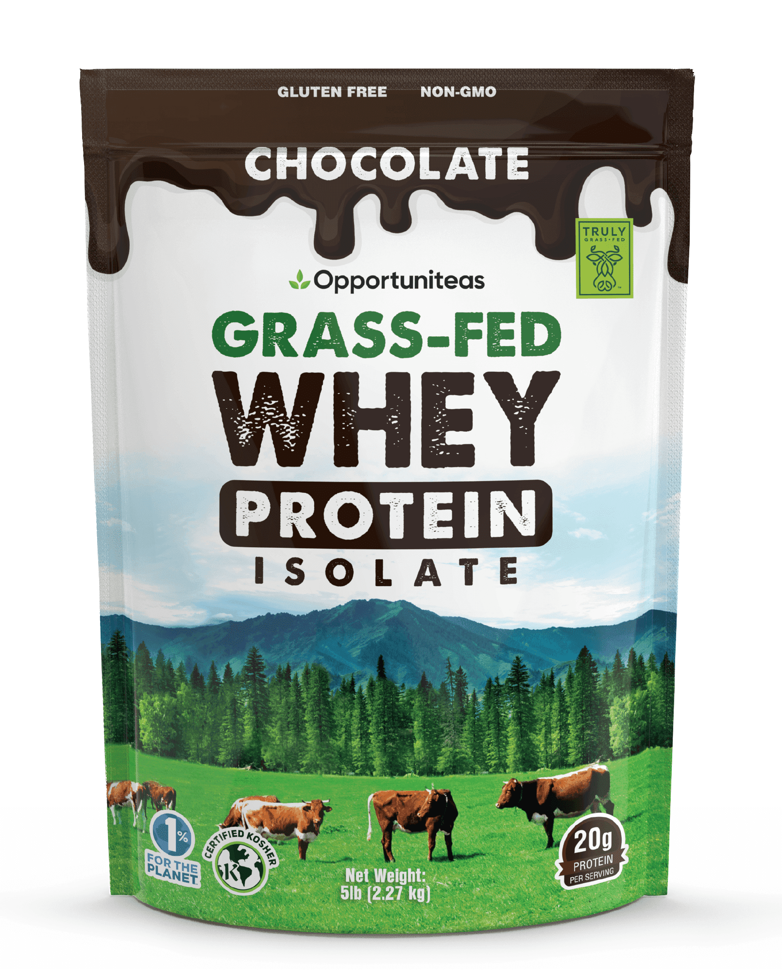 Opportuniteas Grass Fed Chocolate Whey Protein Isolate Powder, 20g Protein Powder Without Artificial Sweeteners, Hormone-Free Cows, Non GMO - 5lb