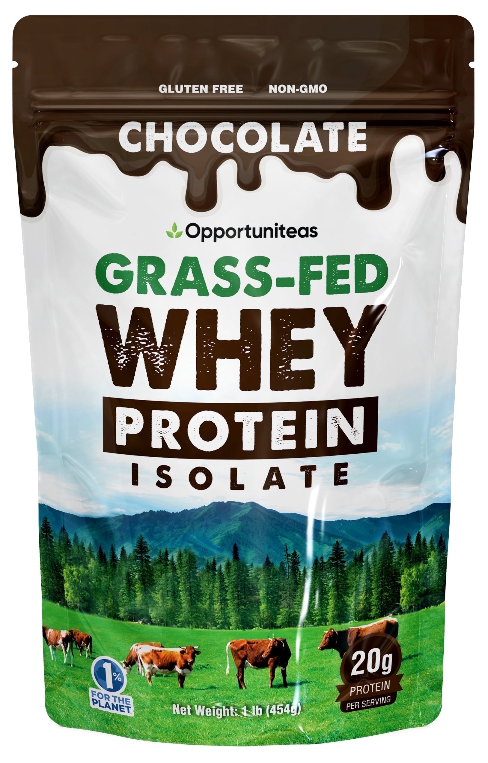 Opportuniteas Grass Fed Chocolate Whey Protein Isolate Powder , 20g Protein Powder Without Artificial Sweeteners, Hormone-Free Happy Cows, Non GMO , 1 Pound