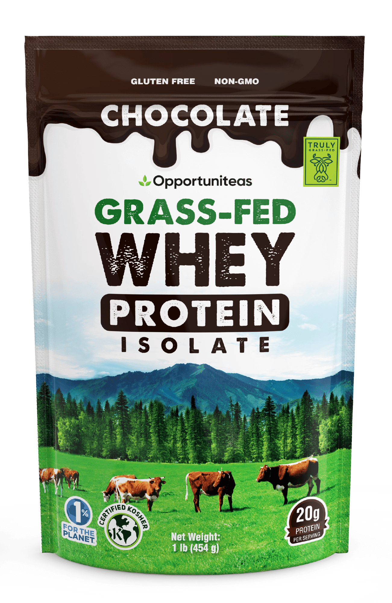 Opportuniteas Grass Fed Chocolate Whey Protein Isolate Powder , 20g Protein Powder Without Artificial Sweeteners, Hormone-Free Happy Cows, Non GMO , 1 Pound