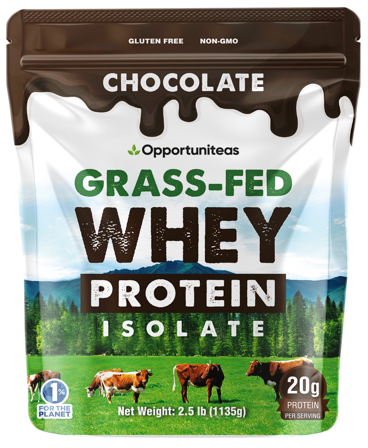Opportuniteas Grass Fed Chocolate Whey Protein Isolate Powder - 20g Protein Powder Without Artificial Sweeteners, Hormone-Free Cows, Non GMO - 2.5lbs