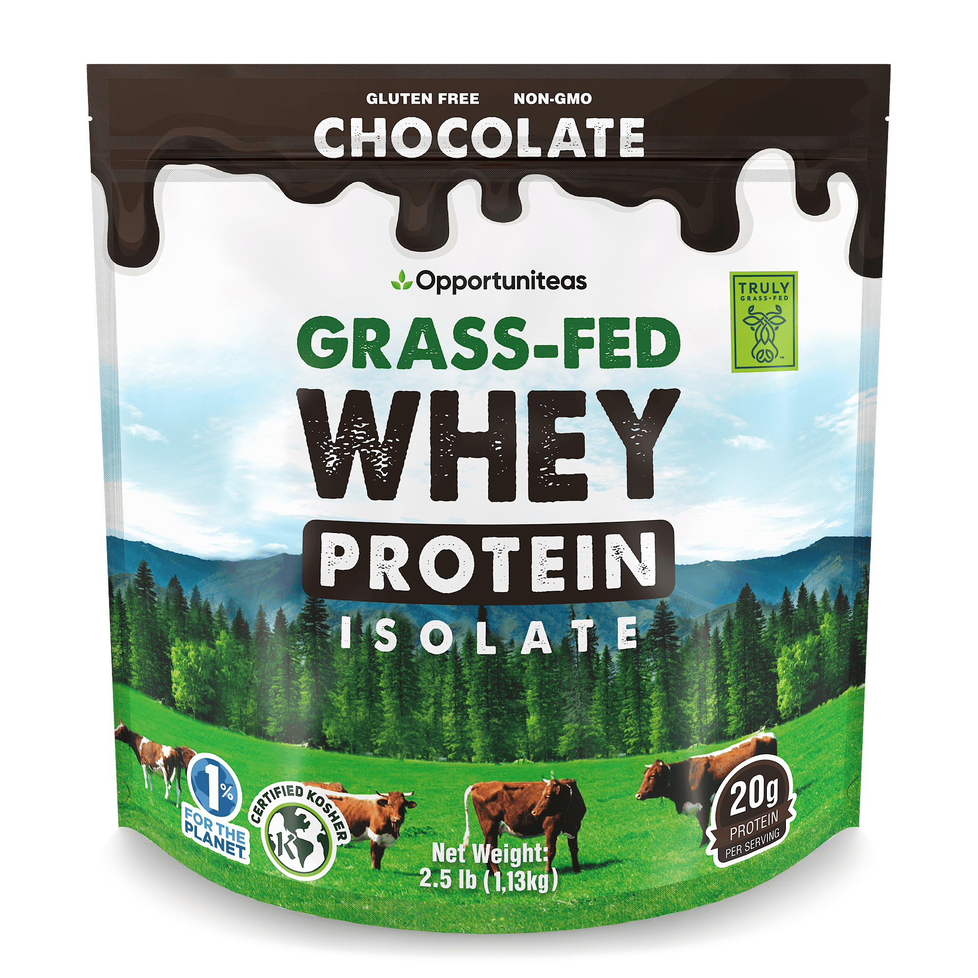 Opportuniteas Grass Fed Chocolate Whey Protein Isolate Powder - 20g Protein Powder Without Artificial Sweeteners, Hormone-Free Cows, Non GMO - 2.5lbs
