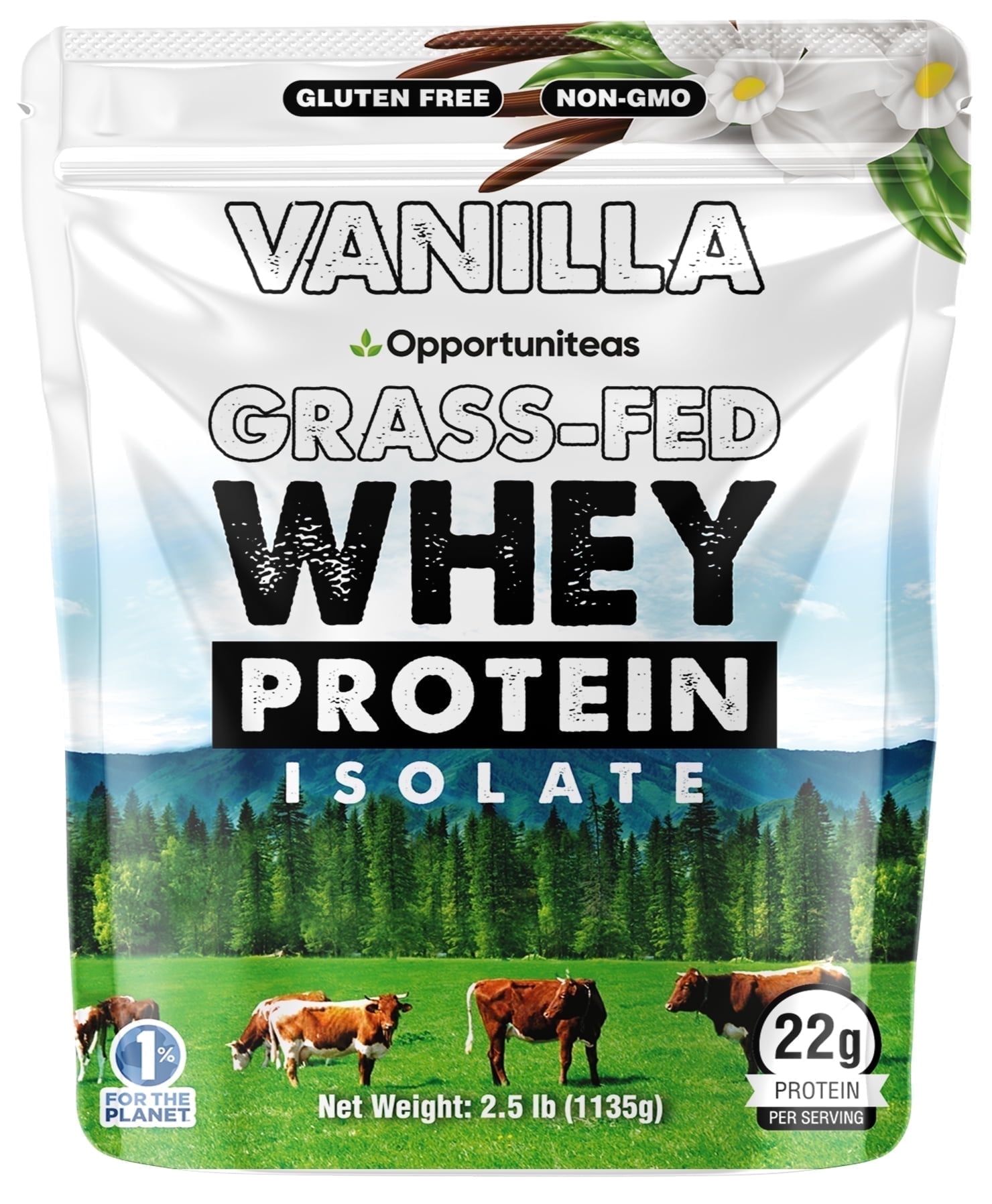 Opportuniteas - Grass Fed Whey Isolate Protein Powder, 22g Protein, Organic Vanilla, 2.5lb