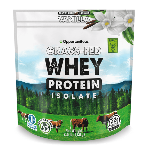 Opportuniteas Grass Fed Vanilla Whey Protein Isolate Powder - 22g Protein Powder Without Artificial Sweeteners, Hormone-Free Cows, Non GMO - 2.5lb