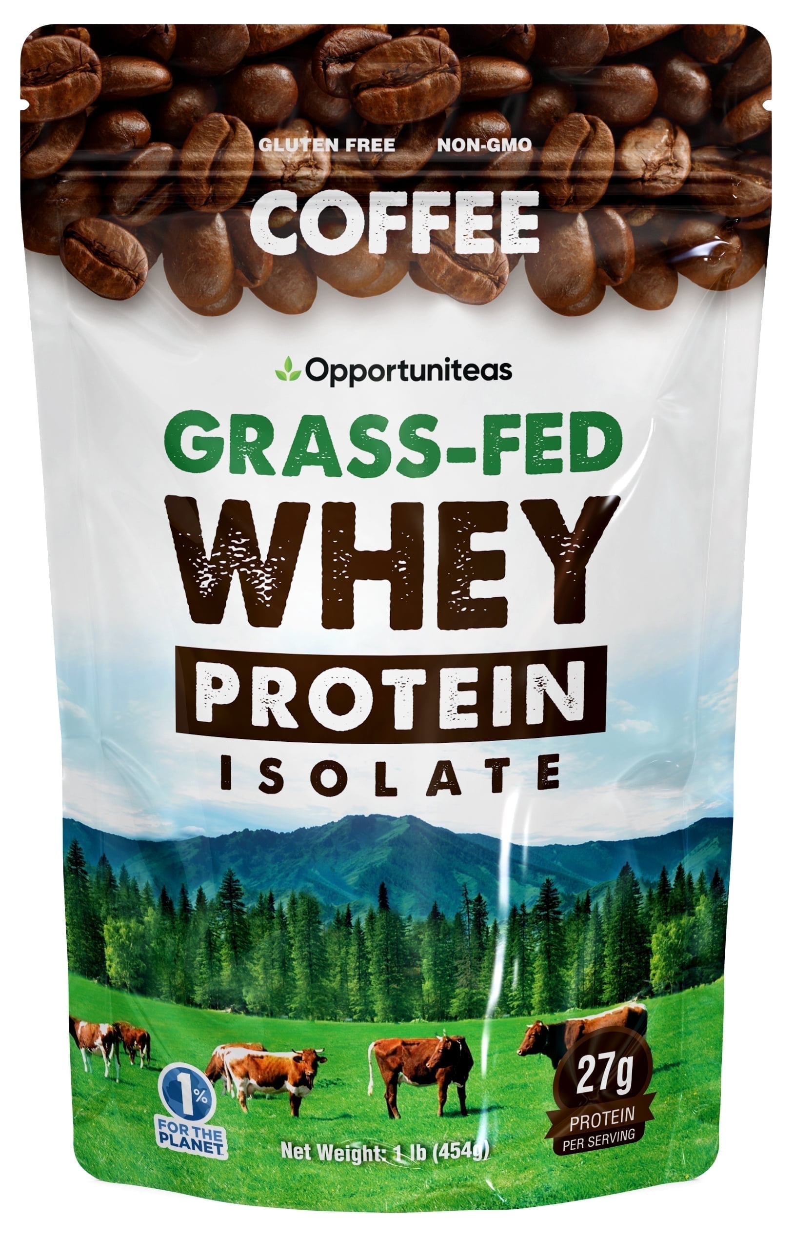 Opportuniteas - Grass Fed Whey Isolate Protein Powder, 27g Protein, Colombian Coffee, 1lb