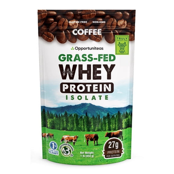 Opportuniteas - Grass Fed Whey Isolate Protein Powder, 27g Protein, Colombian Coffee, 1lb