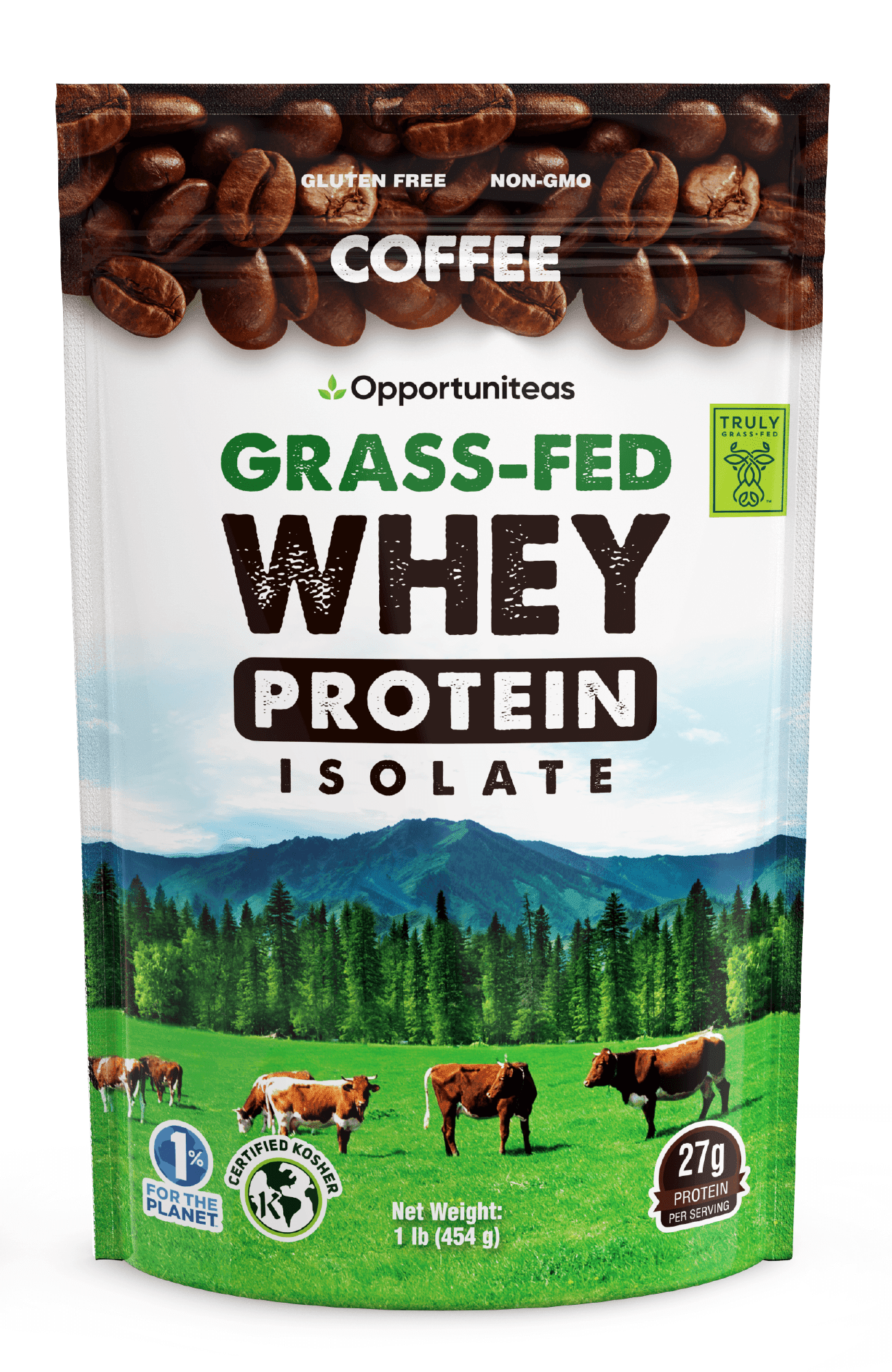 Opportuniteas - Grass Fed Whey Isolate Protein Powder, 27g Protein, Colombian Coffee, 1lb