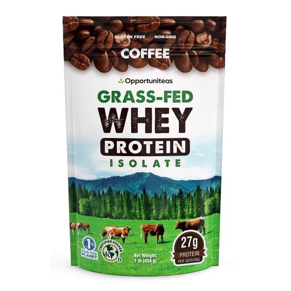 Opportuniteas - Grass Fed Whey Isolate Protein Powder, 27g Protein, Colombian Coffee, 1lb